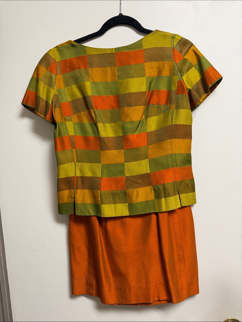 Vintage Fabiola David Barr Orange and Green Check Two-Piece Short SLV Mini Dress